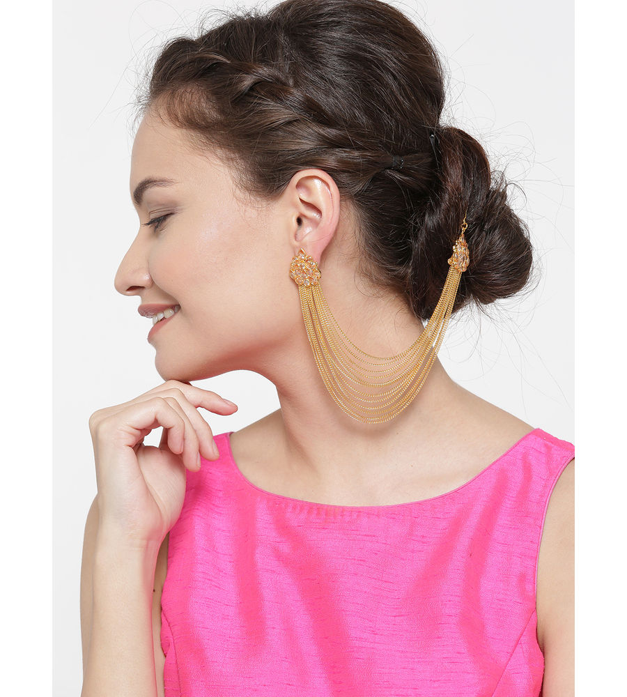 YouBella Gold-Toned Teardrop Shaped Studs with Ear Chains